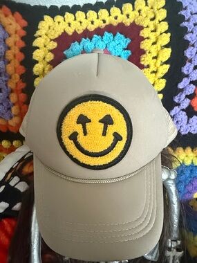 Beige Trucker Hat with Yellow Smiley Patch - Unbranded